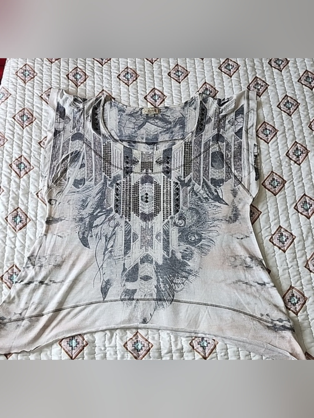 ONE WORLD Asymmetrical Gray and White Blouse - Picture 14 of 14